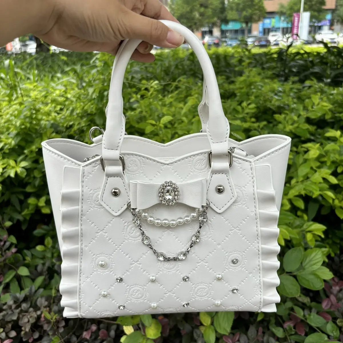

Japanese Style Sweet Girls Tote Bag Charm Cute Lolita Handbag White Pearl Diamond Crossbody Bag Bow Shoulder Bag for Women