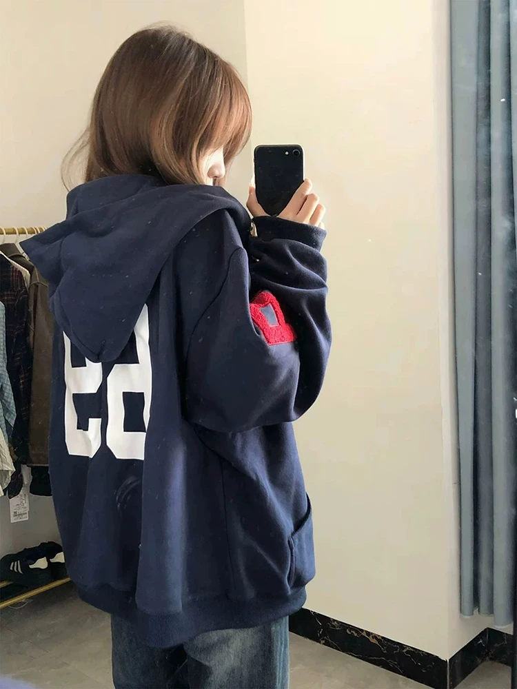 American Retro bordado con capucha abierta Cardigan sudadera mujer primavera otoño pareja deportes cremallera Jaet suelta ajuste largo S...