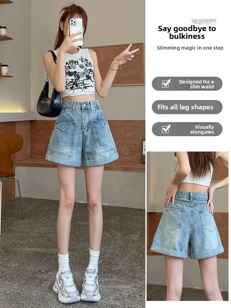 High Waist Wide Leg Short Jeans Women's Summer New Style Pocket Design Cuffed Denim Pants Loose Fit Breathable Cotton Blend