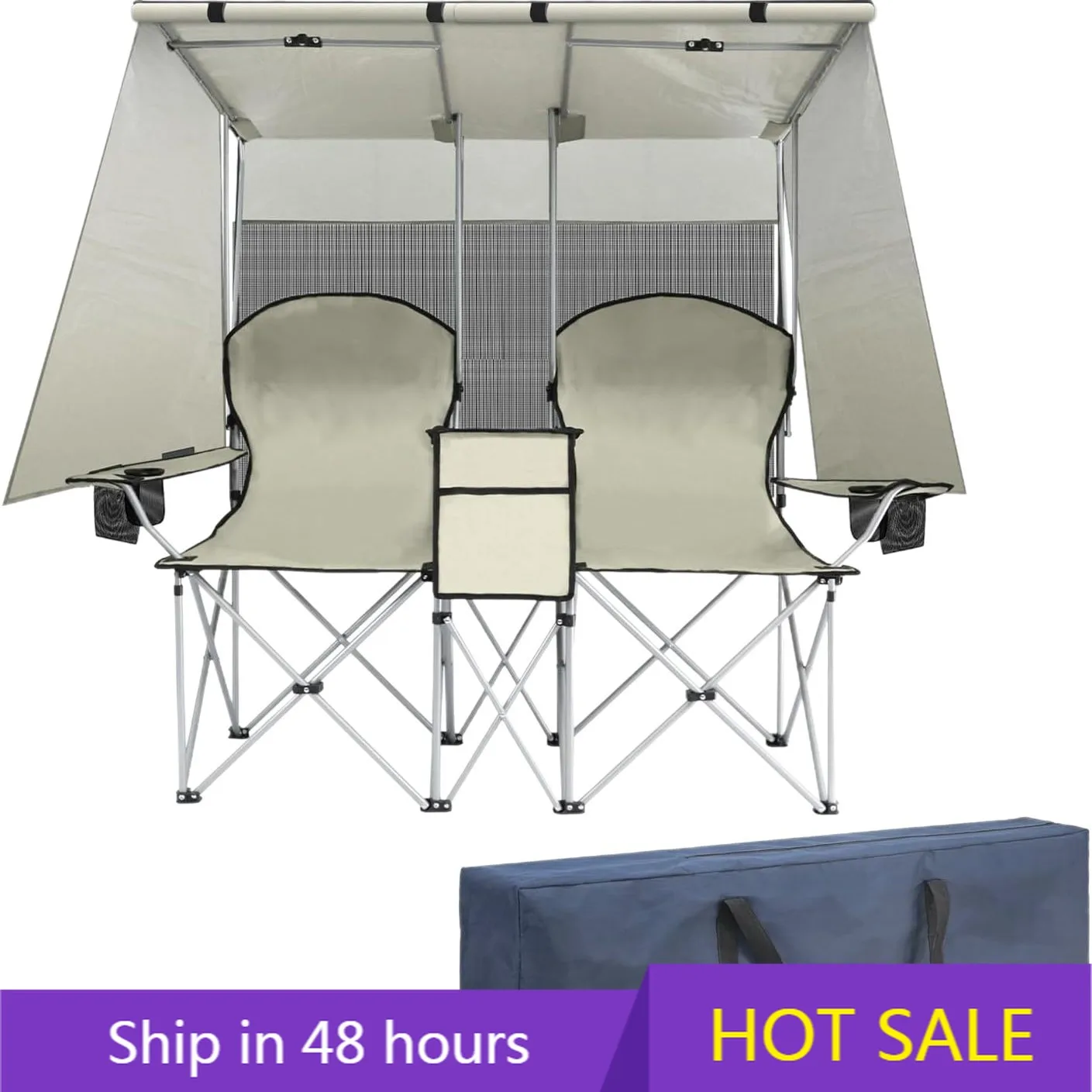 

YTYIN Double Heavy-Duty Folding Loveseat Camping Chair with Canopy Shade Beach Chairs with Cup Holder for Outdoor Use for Lawn P