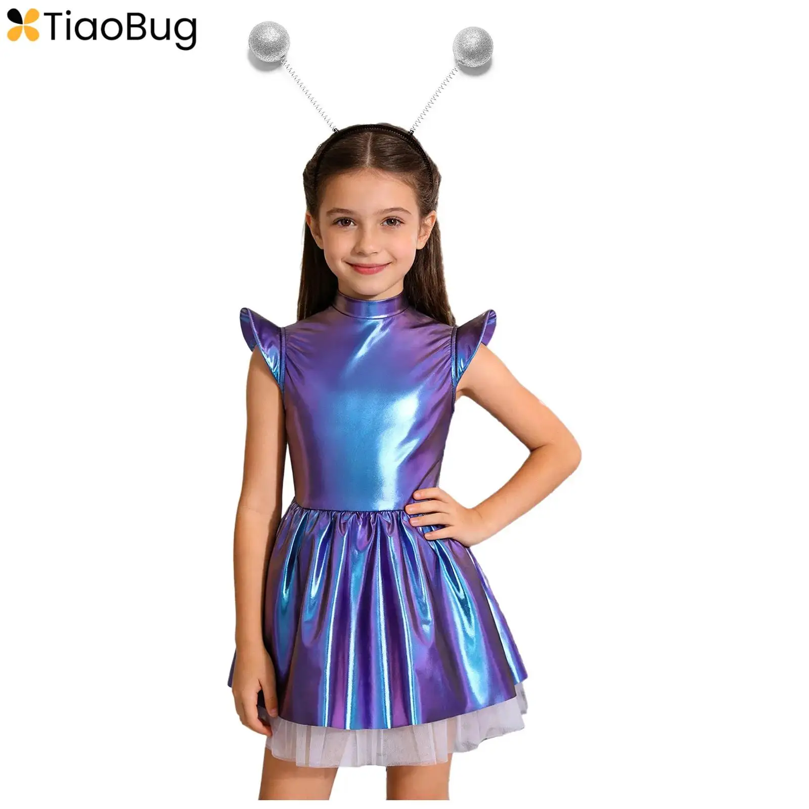 Kids Girls Metallic Glossy Zipper Alien Tutu Dress Halloween Space Theme Party Robot Astronaut Galaxy Warrior Cosplay Costume