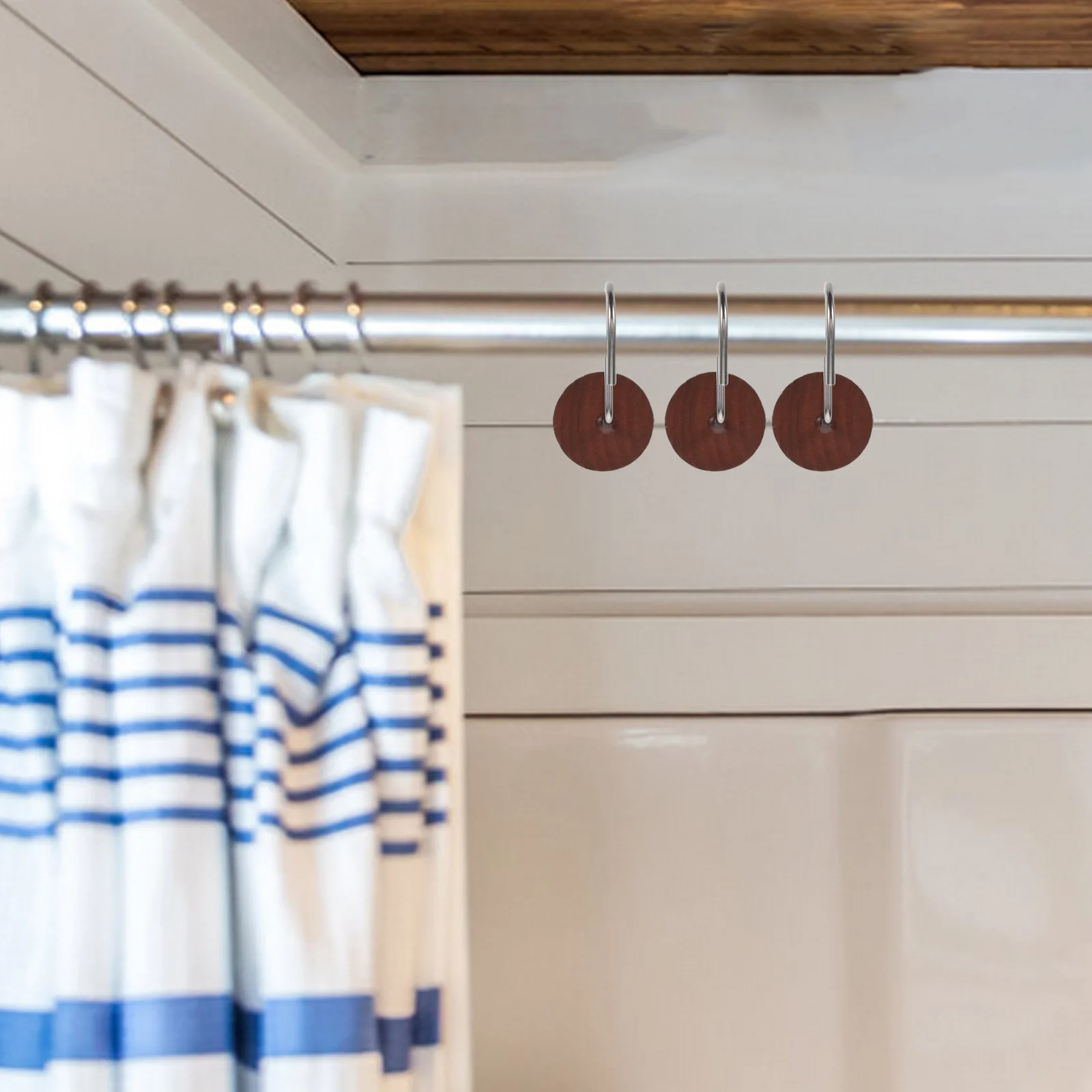 

12Pcs Wood Shower Curtain Rings with Metal Hooks Natural Rustic Bathroom Decor Functional and Stylish Curtain Hangers Brown