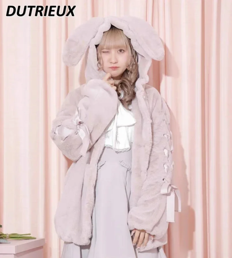 Japanese Cute Bow Design Woolen Coats for Women 2023 Winter New Fleece-lined Thick Loose Hooded Warm Plush Fur Coat Overcoat