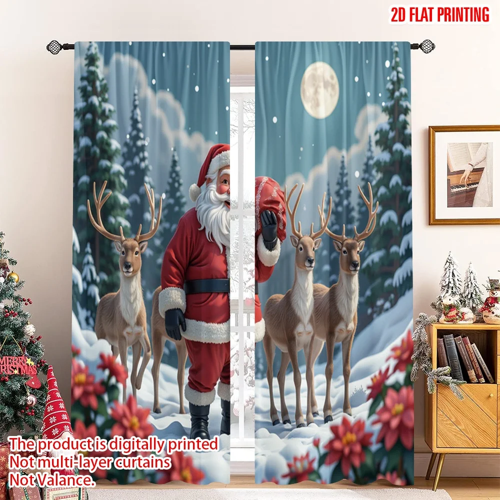 

2pcs 2D flat printing Merry Christmas Popular Window Curtains Santa Christmas Deer Snow Fabric Without Electricity Festive Wall