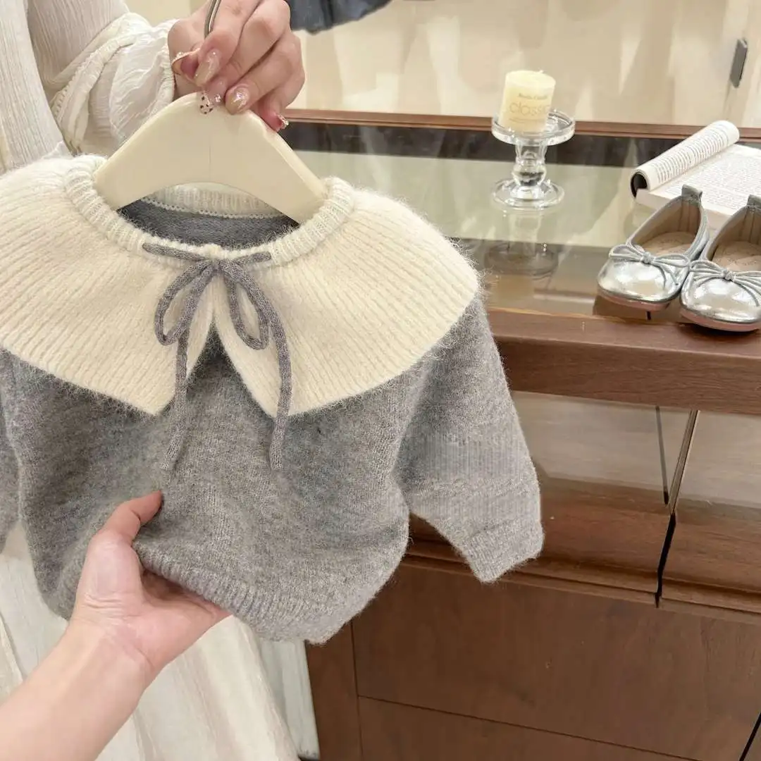 Beautiful Girl Spring and Autumn Winter Small Fragrant Wind Grey Sweater with Velvet Solid Color Cake Skirt Two Piece Set