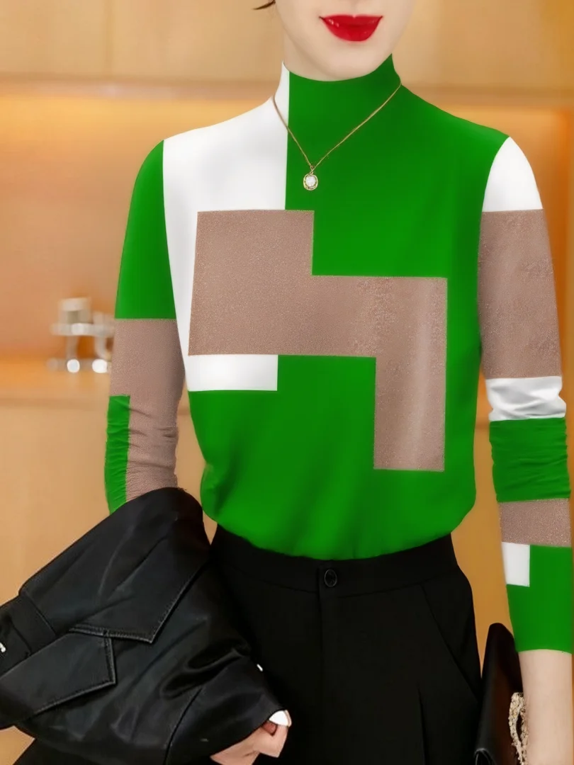 

Elegant Long Sleeve Printed T-Shirt Women's Mid-Aged Fleece Lined Half High Collar Top Warmth Assurance Polyester Fiber