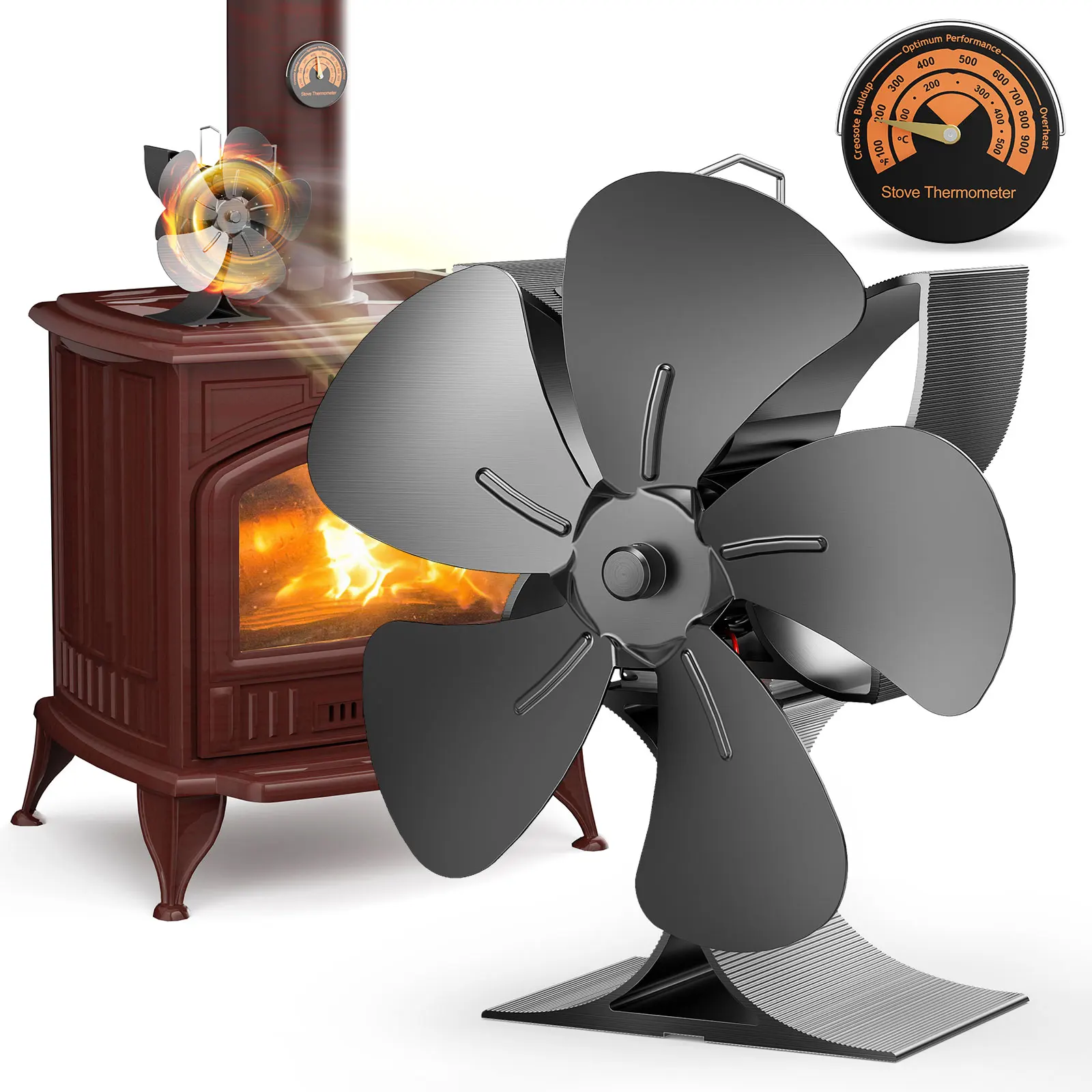 

Fireplace Fan Powerless Quiet Operation Heat-Powered Fan With Thermometer Fireplace Stoves Without Electricity Heat-Operated