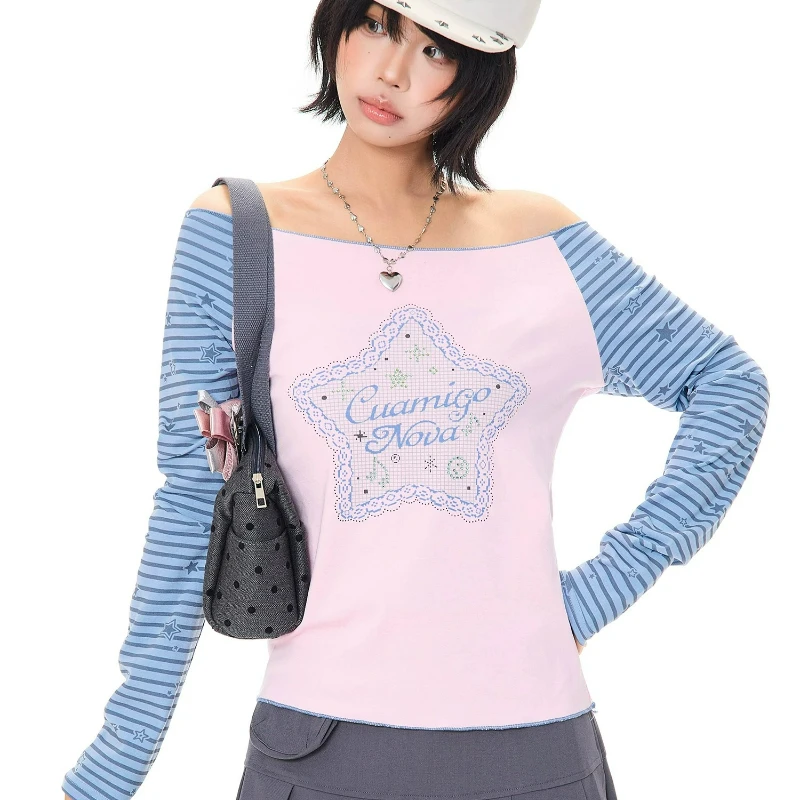 Korean Style Girls' Star Stripe Splicing Asymmetrical Shoulder Long Sleeve T-Shirt 2026 Autumn Slimming Off-shoulder Top Ladies