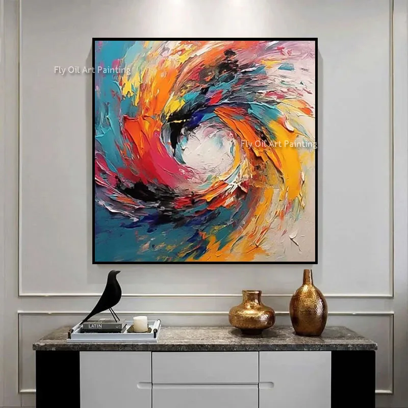 Palette Knife Abstract Artwork, Modern Golden Circle with Black Grey Background, Thick Impasto Square Canvas Wall Art for Office