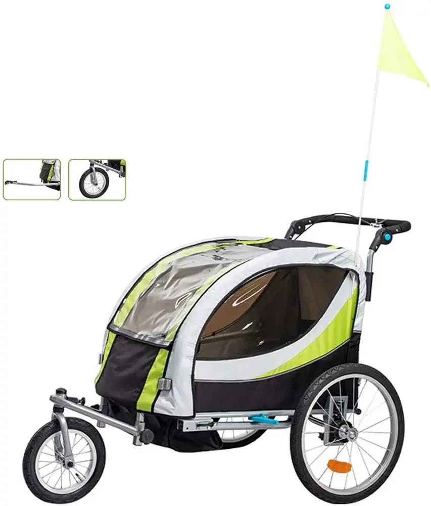 2-In-1 Double Child Two-Wheel Kids Bicycle Trailer, Stroller and Jogger with 2 Safety Harnesses