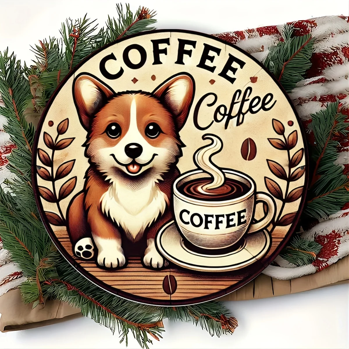 1pc Retro Corgi Coffee Metal Wall Art Sign 8X8 Inch Corgi Dog Coffee Bean Decor with Coffee Lettering Durable Iron for Home