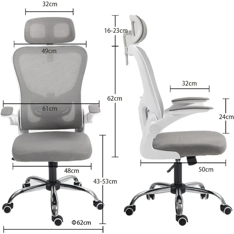 Silla ergonómica de oficina con respaldo alto, reposacabezas ajustable con respaldo de malla, reposabrazos acolchado abatible, silla giratoria de escritorio rodante, color gris