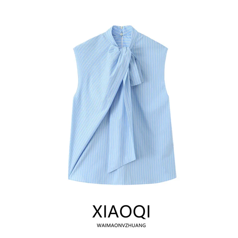 

Весна 2026: Новая женская модная блузка с круглым вырезом, в полоску, с узлом, универсальная, для повседневной носки, прямого кроя