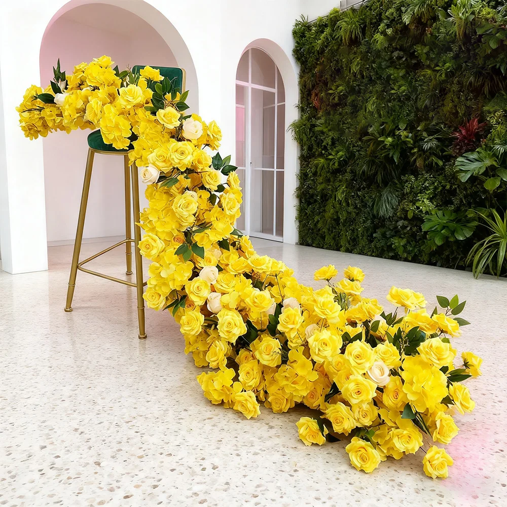 

Customized Luxury yellow Artificial Flowers Wedding Decoration Table Long Flower Row Floral Backdrop Arrangement Wall Arch Deco