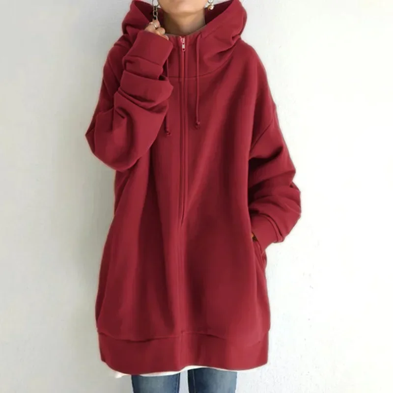 Monochrome Loose Long Sleeve Sweatshirts, Korean Long Top, Personalized Street Hoodie with Zipper and Hood Coats, Women Clothing