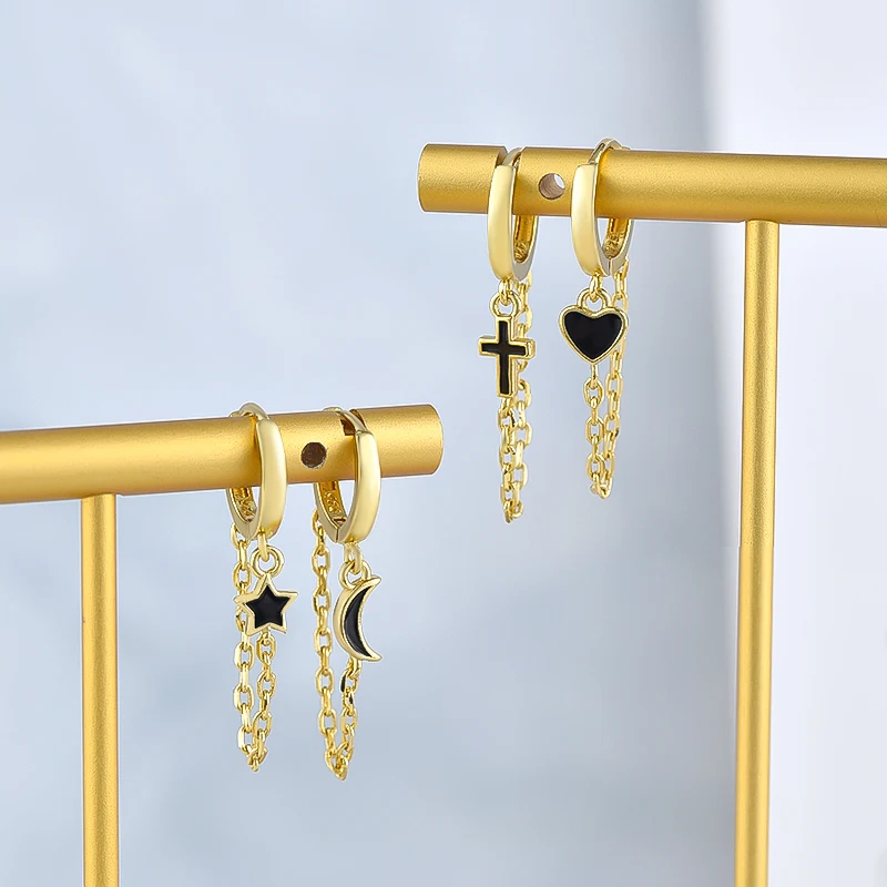 YUXINTIME 925 Sterling Silber Ohrstecker mit Schwarzem Zirkon, Gold-Ohrringe für Damen, Geometrische Anhänger-Ohrringe, Modischer Hochzeitsschmuck – Detail 13