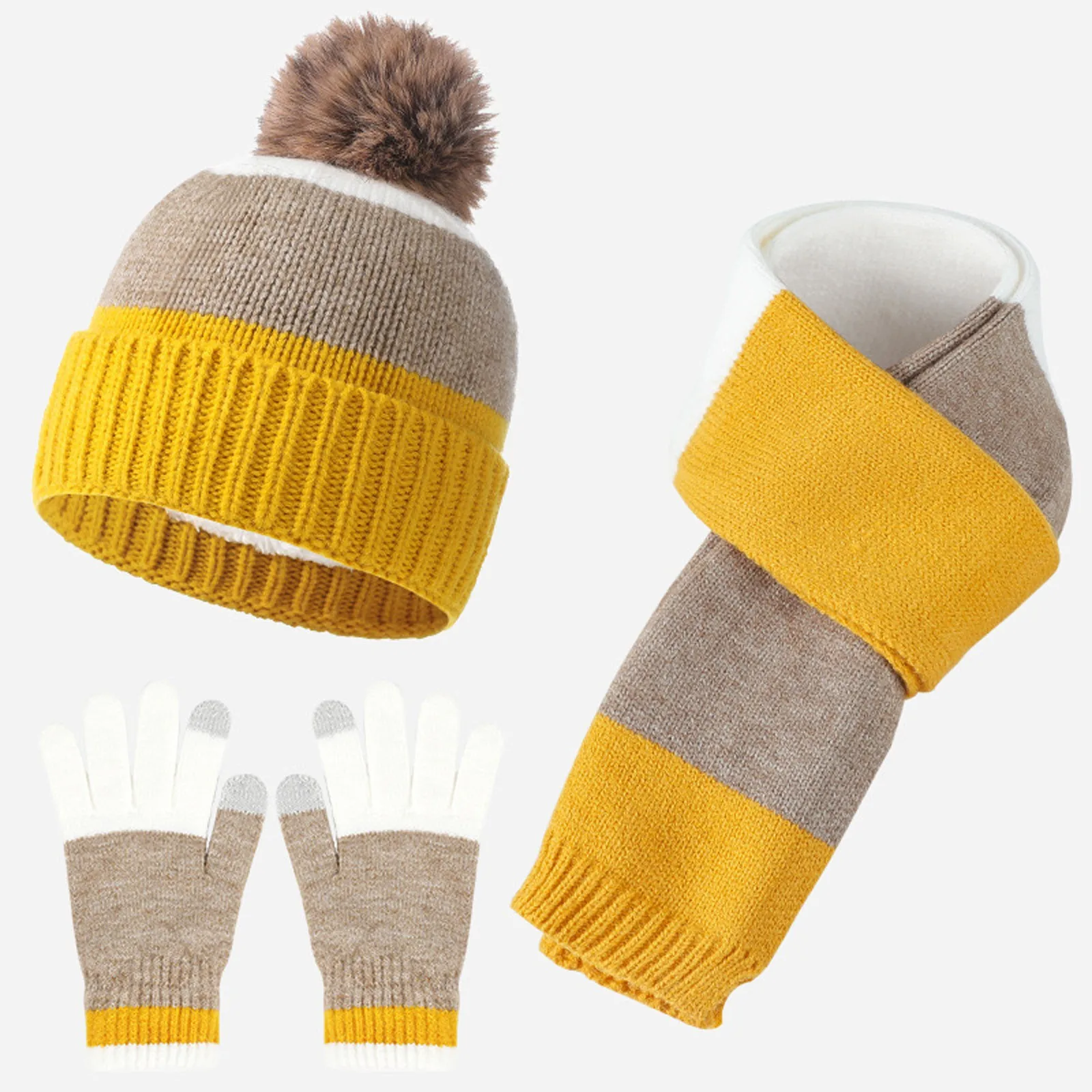 Conjunto de gorro de invierno para niños, guantes, bufanda, decoración de bola de felpa, estampado a rayas, forro polar grueso, gorro de punto, bufanda completa, 3 piezas por juego