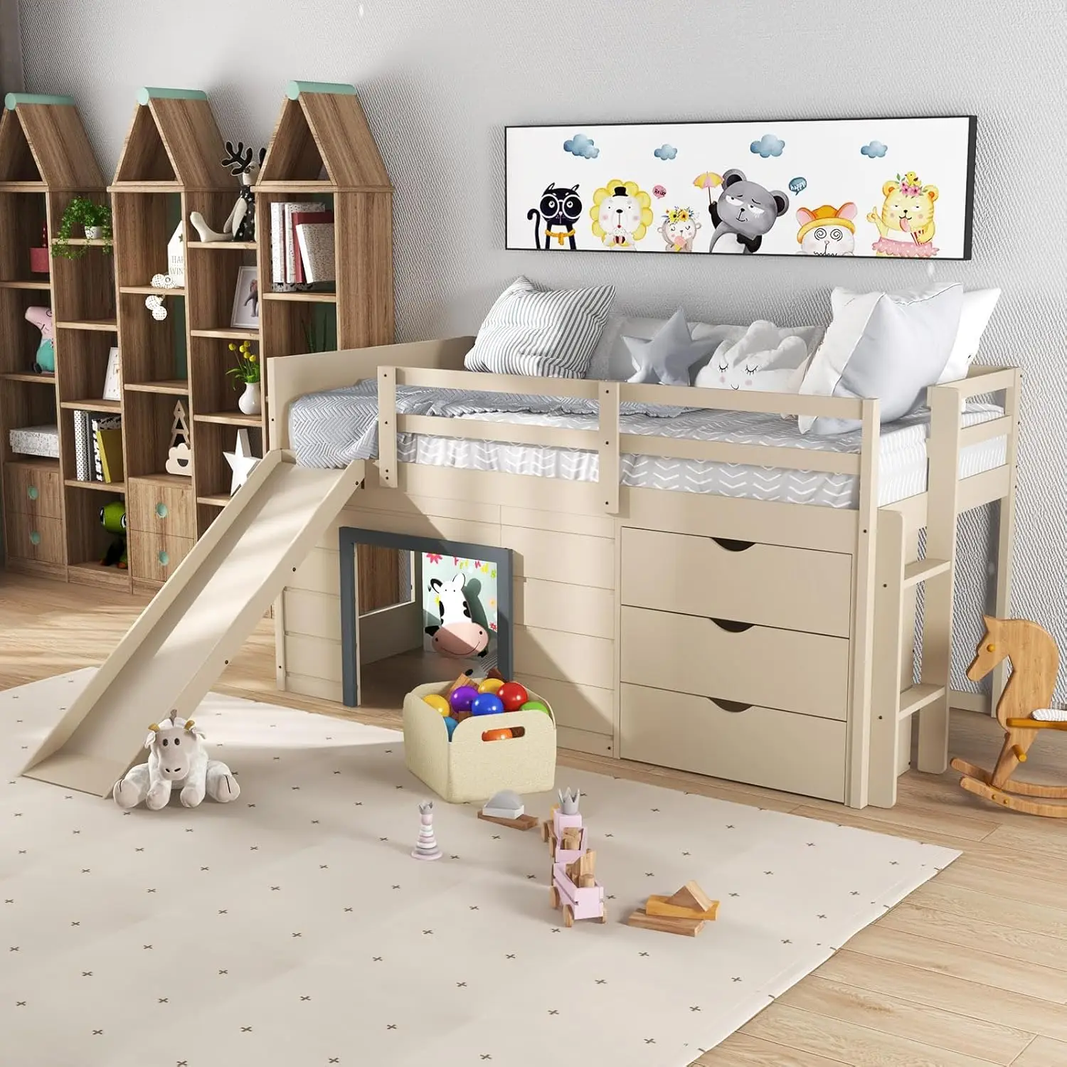 Twin Low Loft Bed, Multifunctional Loft Bed with Slide, Ladder, 3 Drawers & Under-Bed Play Space, No Box Spring Needed,