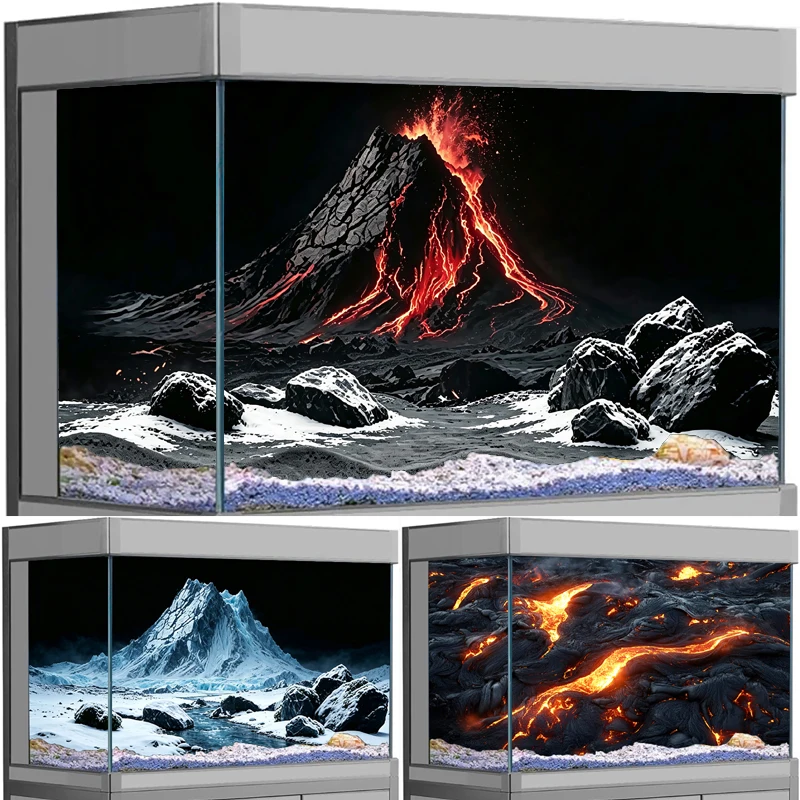Aquarium Background Sticker,3 Styles Volcano Snow Mountain Lava Scene PVC Self‑Adhesive Fish Tank Aquascape Background Decor