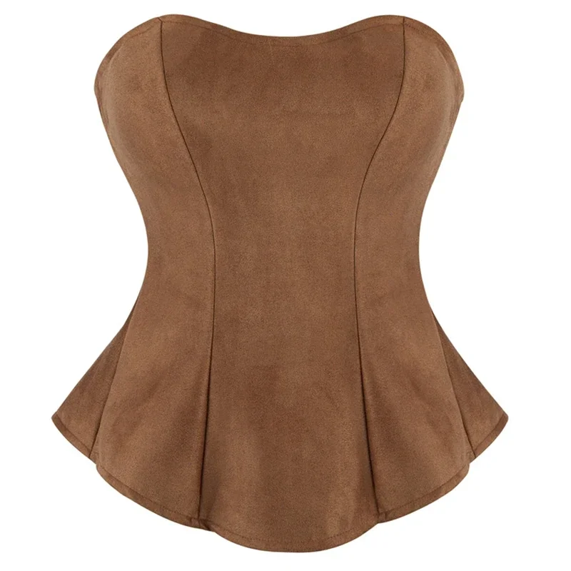 

Women Brown Fashion Skirt Hem Decoration Overbust Corset Back Zipper Strapless Body Shaper Lingerie Bustier Tops