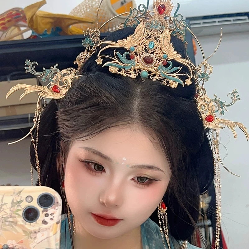 Ancient Style Princess Wedding Goddess Hair Crown Exotic Dunhuang Headwear with Flying Apsara Hairpin Forehead Decor Hair Access