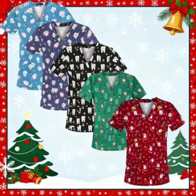 

Women's V-Neck Short-Sleeve Fashion Elastic Pet Care Overalls Christmas Must-Have Uniform Set