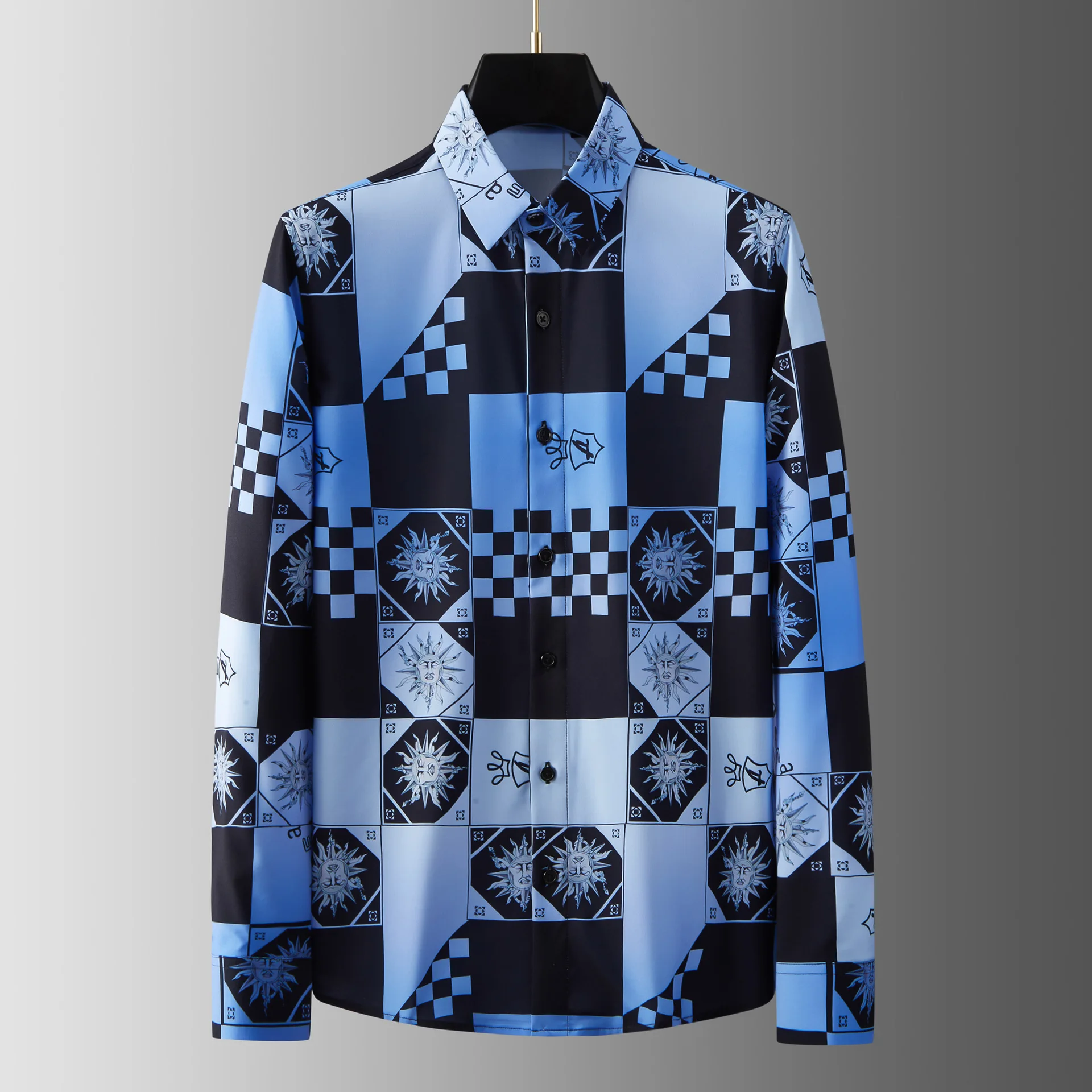 

Brand Gradient Checkered Printed Men's Shirt Long Sleeved Banquet Party Dress Shirts Fashion Male Business Casual Social Shirt