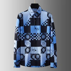 Brand Gradient Checkered Printed Men's Shirt Long Sleeved Banquet Party Dress Shirts Fashion Male Business Casual Social Shirt