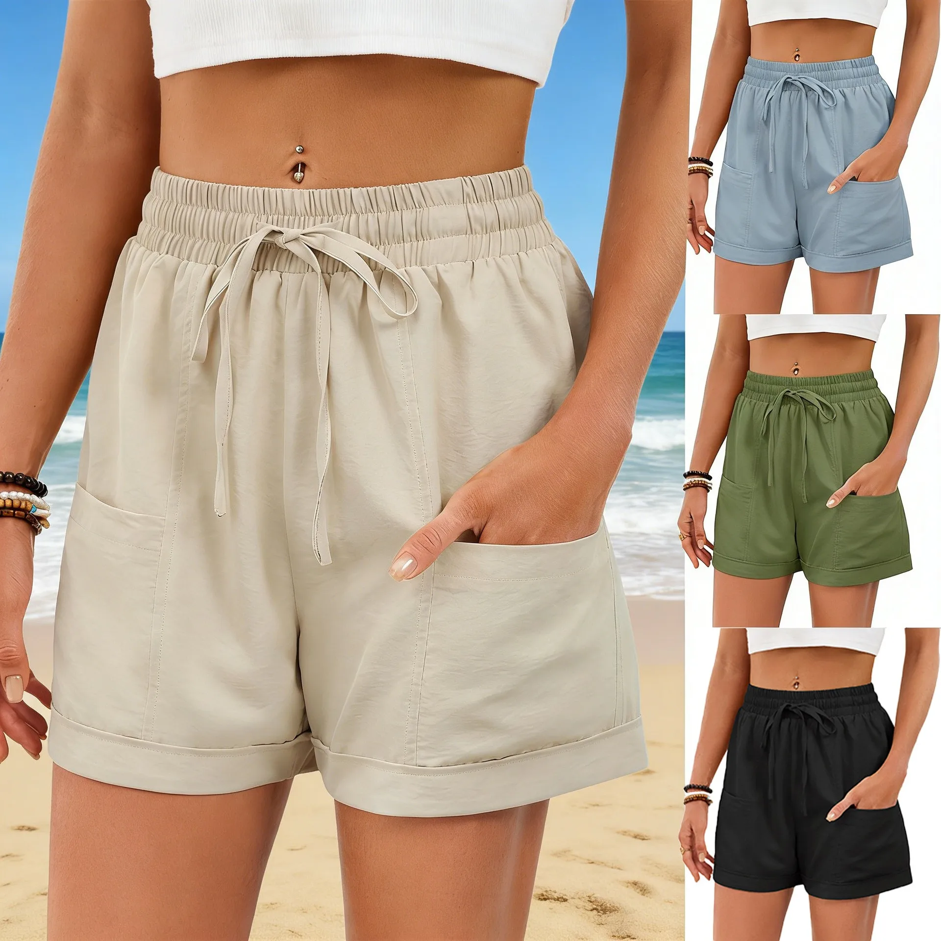 Summer Clothes Women Shorts Elastic Waist Beige Short Pants Loose Fit Light Blue Casual Shorts Rolled Cuff Olive Green Shorts