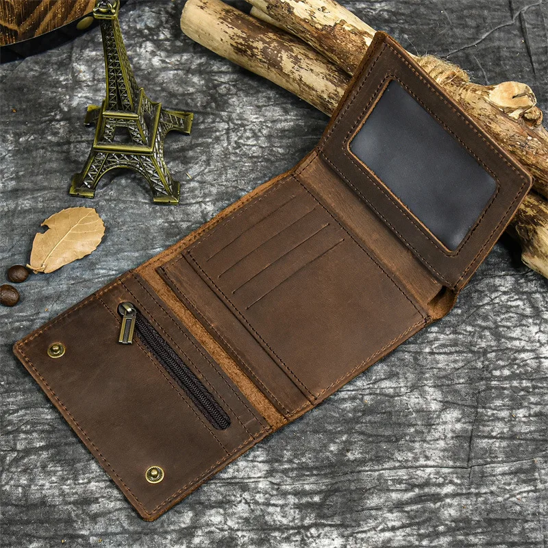 Men Genuine Leather Short Wallet With Chain Zipper Clutch Wallet Male Short Trifold Purse Card Holder Change Coin Purse