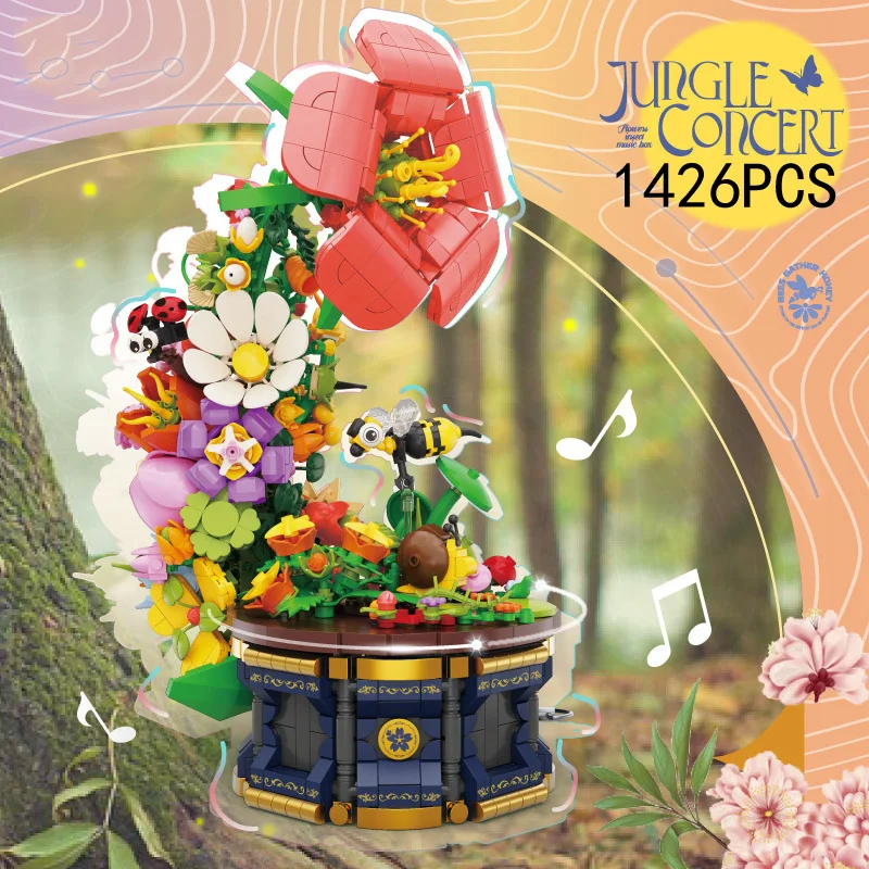 Nature DIY iDEA Building Block Bee Flower World Jungle Concert Rotating Music Box Construction Bricks Toys For Girls Gifts