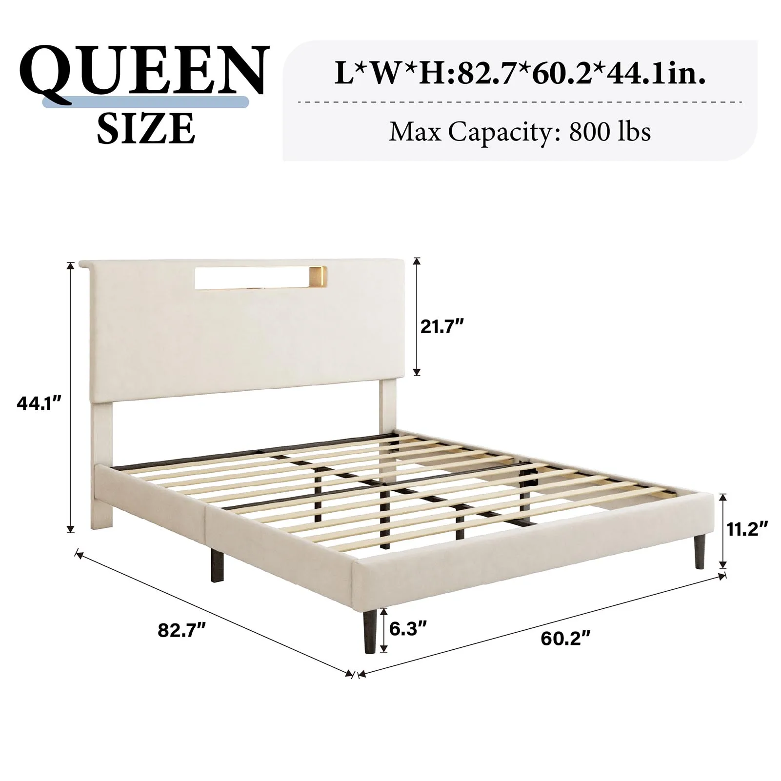 โครงเตียง QUEEN สีเบจพร้อมหัวเตียง - สถานีชาร์จ, ไฟ LED ควบคุมด้วยรีโมท, ประกอบง่าย