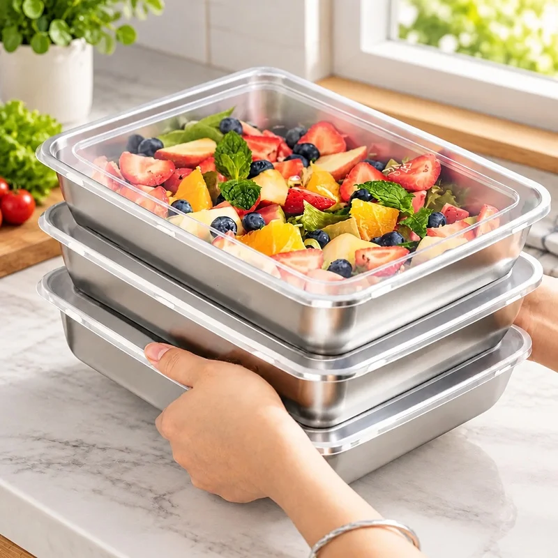 3-Piece Stainless Steel Food Storage Box Set with Clear Lids, Leakproof Design for Kitchen and Outdoor Camping