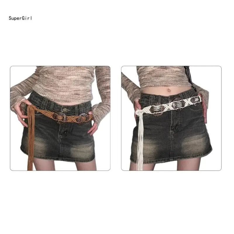 

Cowgirl Belt Braided Waistband with Bohemian Discs Braided Vintage Tie Waistband for Country Girls J78E