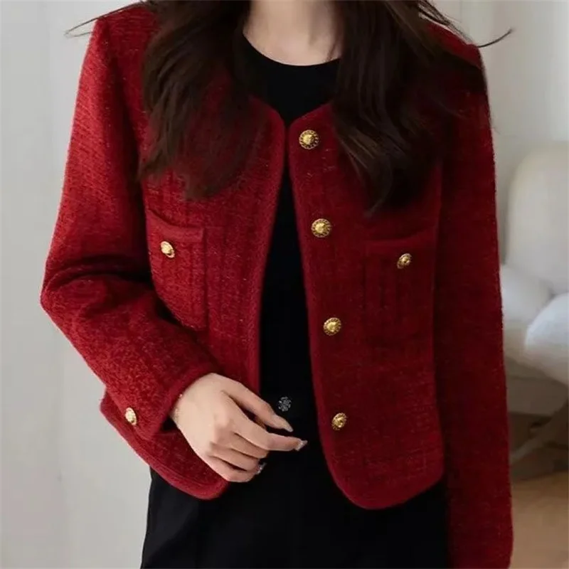 Women\'s Jacket 2024 Spring Autumn New Red Tweed Small Fragrance Coat Short Blazers Korean Fashion Elegant Female Tops Outerwear