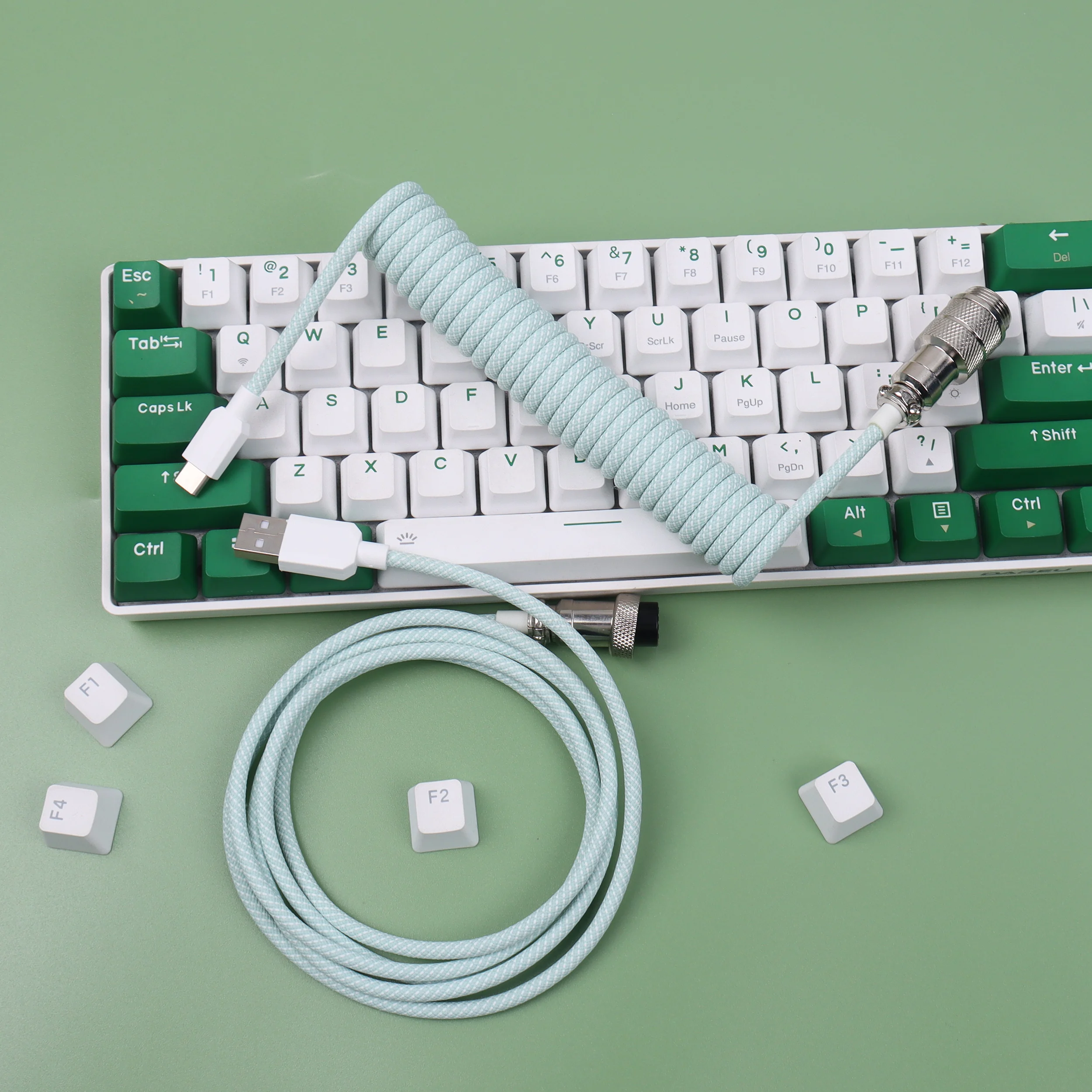 Green Type-C to USB coiled keyboard cable Detachable Metal GX16 Aviator Double Sleeved Wire |yellow/pink/blue/Light purple/red
