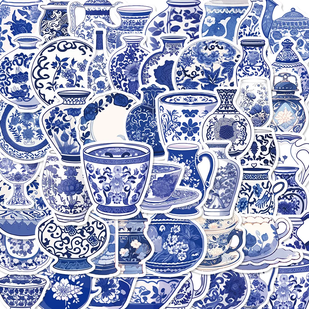 50PCS Blue And White Porcelain Chinese Style Stickers Notebook Cartoon Laptop Graffiti Luggage Classic Phone Skateboard Sticker