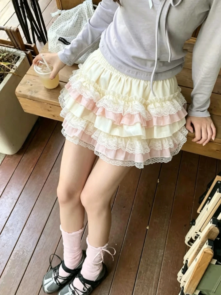 Sweet Lolita Style Cake Skirt Vintage Princess Lace Ruffles Mini Skirts Women Kawaii Harajuku Y2K Party Pleated Summer