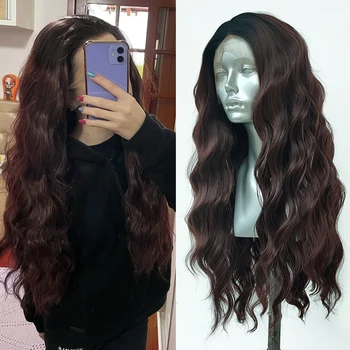 AIMEYA Ombre Brown Wig Synthetic Lace Wigs for Women Long Wavy Lace Front Wig Heat Resistant Fiber Synthetic Wig Cosplay Wigs