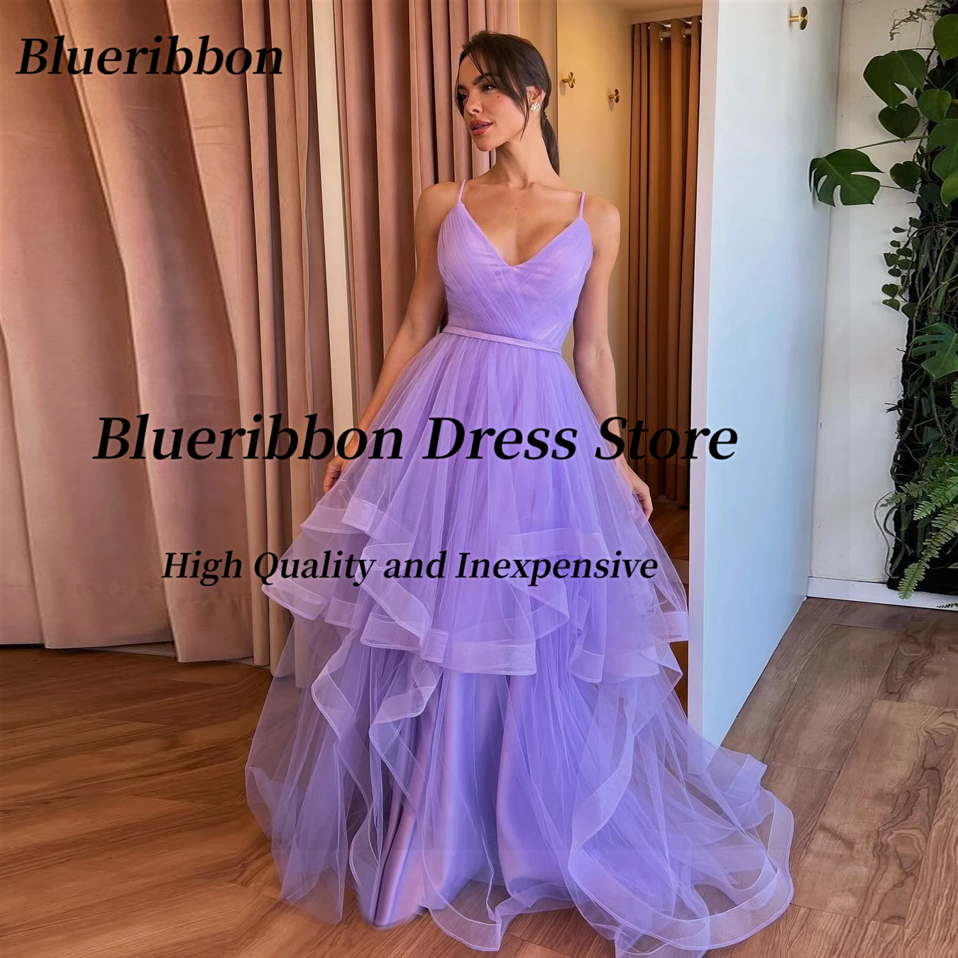 

Blueribbon Soft Tulle Long Prom Dresses Spaghetti V Neck Vestidos De 15 Quinceañera Dress Ruffles A Line Special Evening Gowns