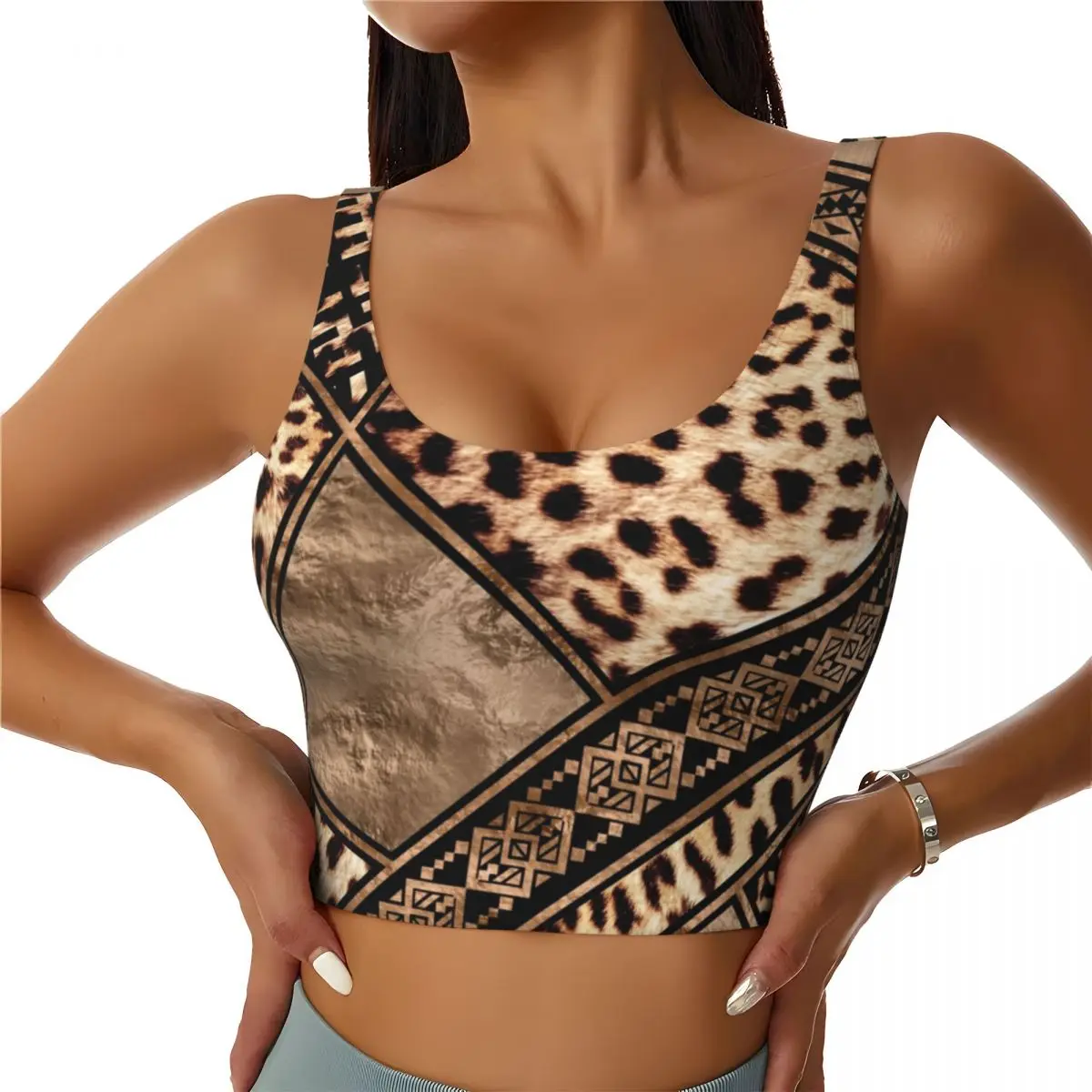 Custom High Impact Ethnic Ornaments Leopard Print Sports Bra Women Animal Skin Gym Workout Yoga Crop Top