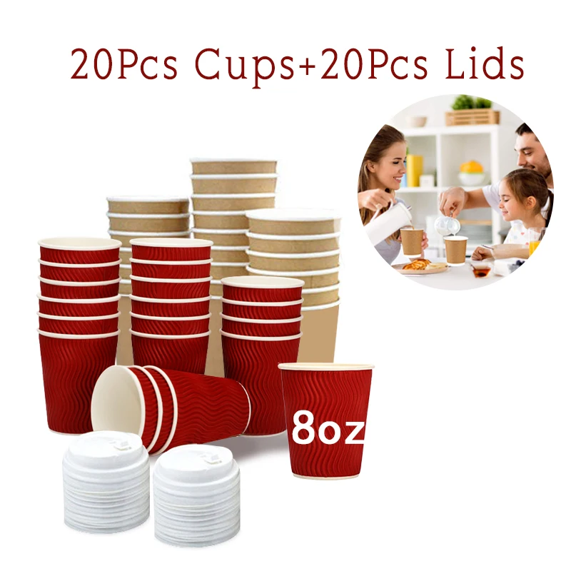 

40Pcs/Set 8oz Disposable Thickened Double-layer Kraft Paper Coffee Cups with Lid Hot Cold Drink Portable ECO Friendly Paper Cups