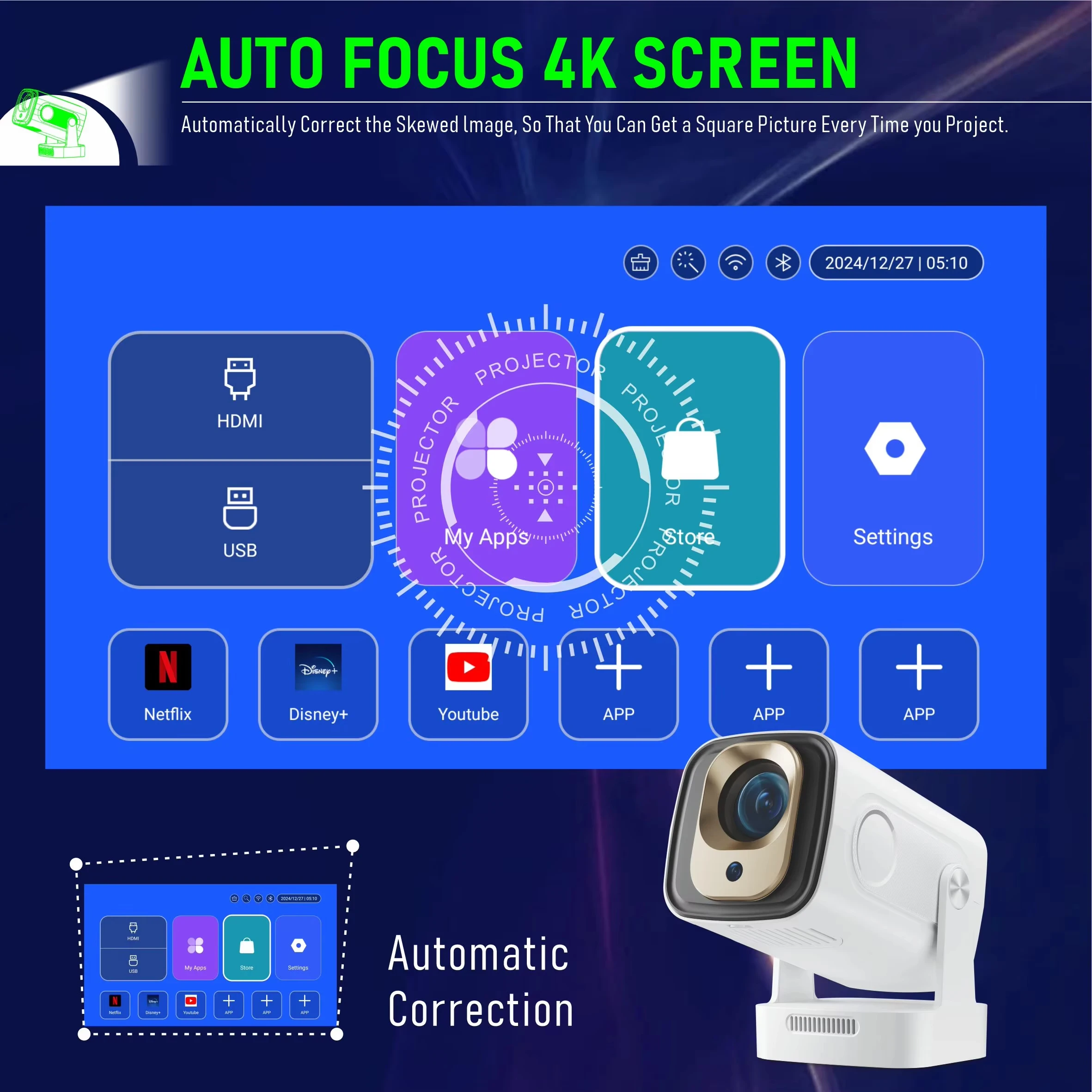 جهاز عرض ذكي HY260 PRO أندرويد 11 جهاز عرض 4K أصلي 1080P تركيز تلقائي أصلي 330ANSI Dual Wifi BT5.4 فيلم منزلي خارجي