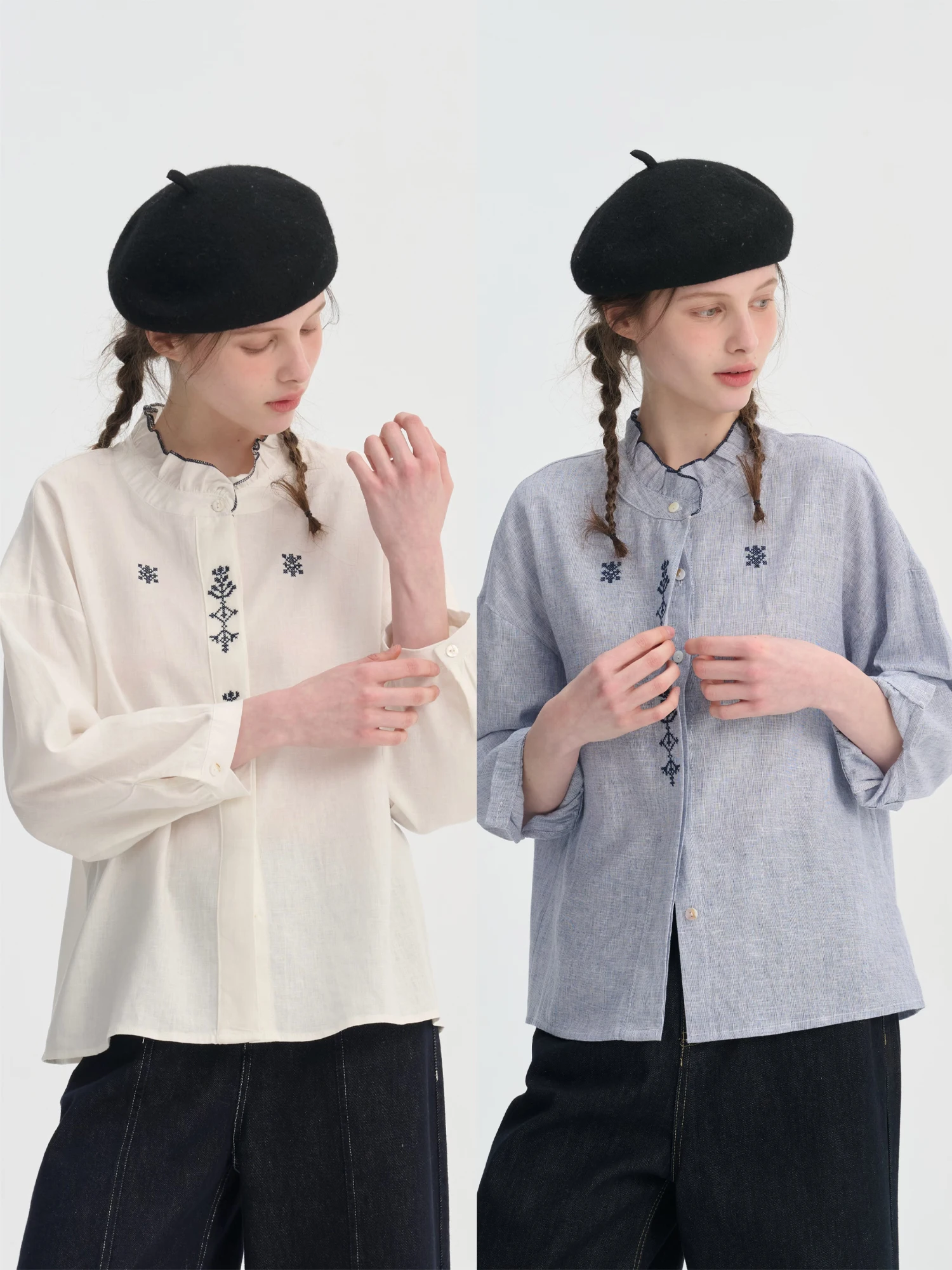 

Sullenger French Sle Embroidered Cotton Linen irt Collared Trim Breathable Comfortable Spring Summer Women's irt