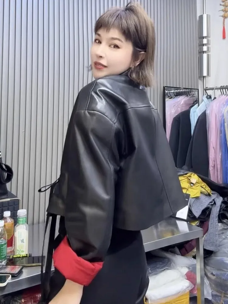 Vintage Designer Women Lace Up V Neck Sheepskin Genuine Leather Jacket Short Style Adjustable Waist Loose Fit Coat Retro Jacket