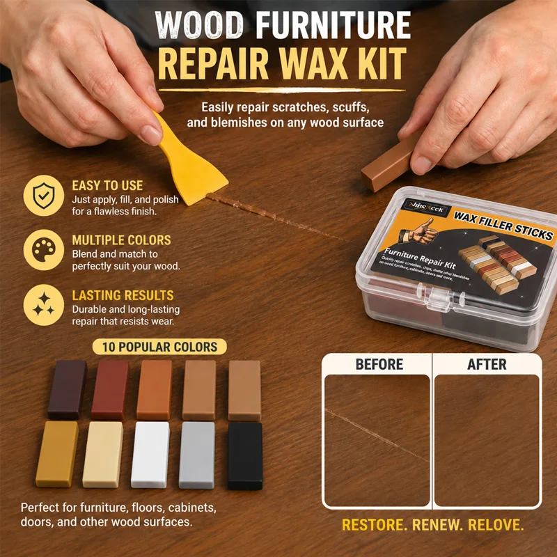 10Pcs Super Hard Wood Repair Wax Blocks + 1Pc Scraper + 1Pc Sandpaper Set —10-Color Series Wood Floor Repair Wax Block Kit, Suitable for Wooden Furniture and Floors, Furniture Repair Marker Pen, Linseed Oil Floor Repai