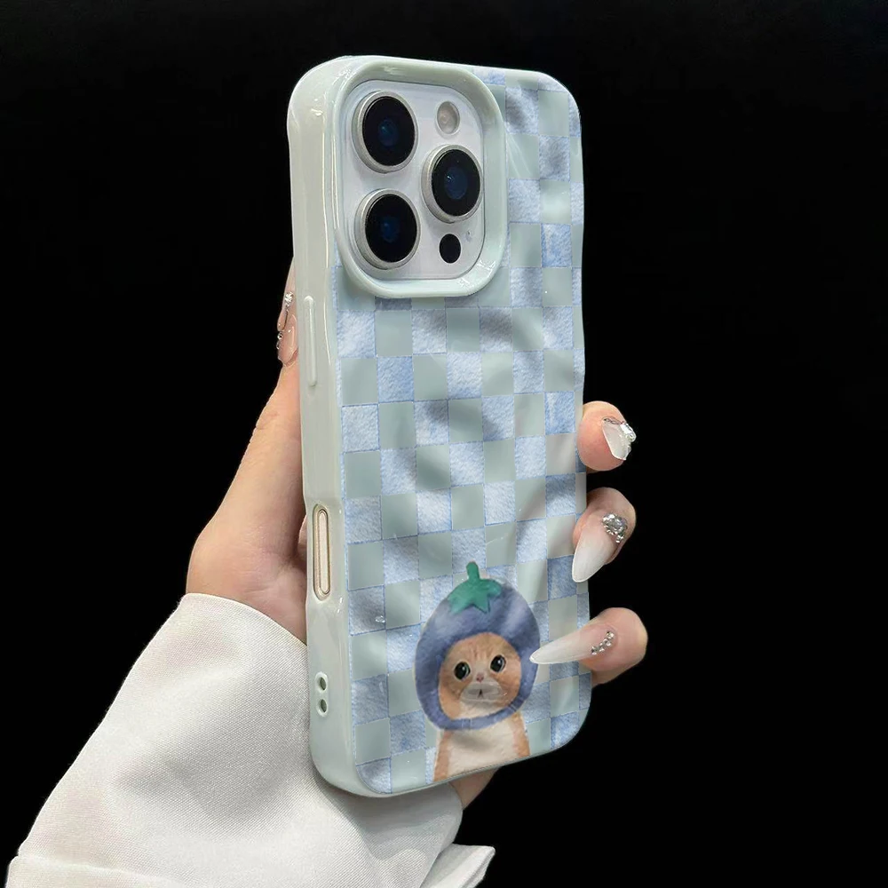 Modisches kariertes Handyhülle mit süßem Katzenmuster für iPhone 17 16 15 14 13 12 11 Pro Max 14 Plus 17Air, weiche Silikonhülle mit Falten-Wellen-Design – Detail 10
