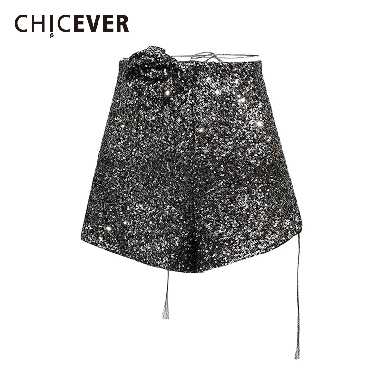 

CHICEVER Black Patchwork Sequin Women's Pants High Waist Patchwork Flower Lace Up Style Sexy Shorts Female Summer Clothing New