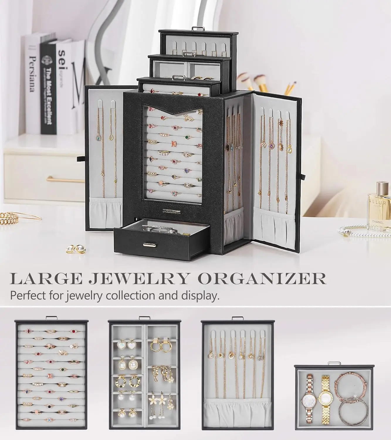 Jewelry Organizer with Transparent Window Necklace Hooks Gift for Women Jewelry Box Display Case for Necklaces Rings