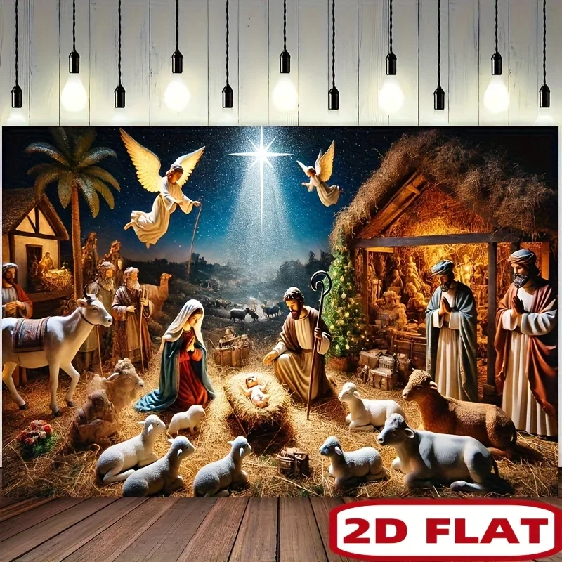 Christmas Nativity Scene Tapestry,Starry Night with Stable and Animals,Wall Art for Holiday Home Decor and Religious Celebration